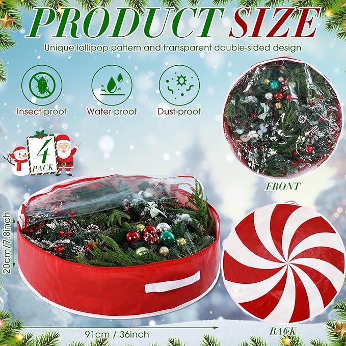 4 Pcs 36 Inch Christmas Wreath Storage Bag Candy Cane Wreath Storage Container Clear Window Dual Zipper Handle Red White Peppermint Garland Organizer for Holiday Decoration, Cute Lollipop