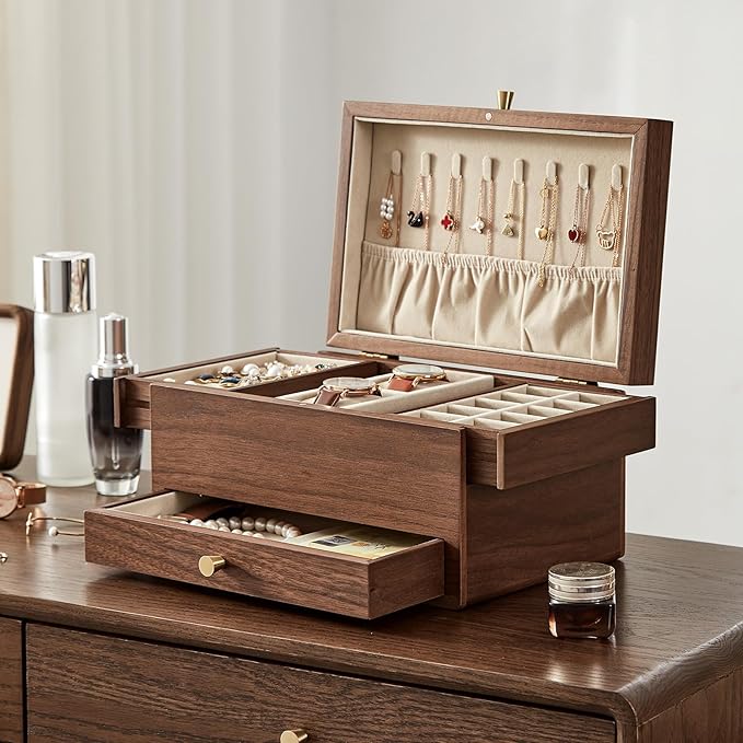 CHOSIN Black Walnut Wooden Jewelry Box for Women, 3 Level Multi-functional Drawer Organizer Box Watch Necklace Ring Earring Storage Valentine's Day Gifts