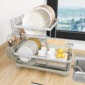 HOMEAILIE 2-Tier Dish Drying Rack for Kitchen Counter, 304 Stainless Steel Dish Rack with Adjustable Drainboard, Removable Utensil Holder & Water Tray, Grey