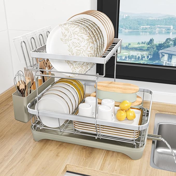 HOMEAILIE 2-Tier Dish Drying Rack for Kitchen Counter, 304 Stainless Steel Dish Rack with Adjustable Drainboard, Removable Utensil Holder & Water Tray, Grey