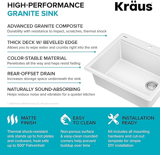 KRAUS Bellucci 25-inch Granite Workstation Drop In Top Mount Single Bowl Kitchen Sink in White with Accessories, KGTW12-25WH