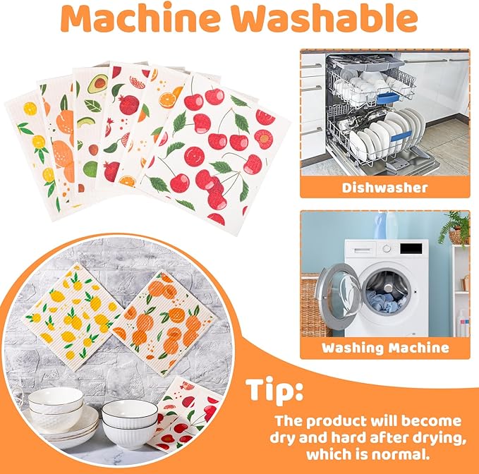 6 Pack Fruit Swedish Dishcloths for Kitchen,Swedish Rags Dish Towels with Clips, Reusable Paper Towels Washable Absorbent Cellulose Sponge Cloths for Cleaning Home Valentines Gifts for Women