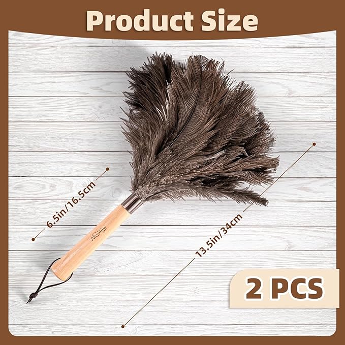 Nicemiya 2 Pack Ostrich Feather Dusters with Wooden Handle, 13.5 inch Natural Fluffy Feather Dusters for Dusting Home, Car, Delicate Surfaces, Reusable Soft Cleaning Tools for Ledges, Blinds