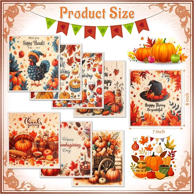 Lucomb 8 Pack Thanksgiving Swedish Dishcloths for Kitchen, Reusable Soft Kitchen Towels Dish Cloths Set Absorbent Sponge Cleaning Washable Quick Drying Bar Hand Washing