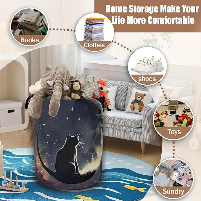 Black Cat Laundry Hamper,Moon Night Collapsible Laundry Baskets Waterproof Oxford Cloth With Handles,Clothes Storage Bucket Toy Organizer For Bathroom/Nursery/Bedroom 16" x 20.8"