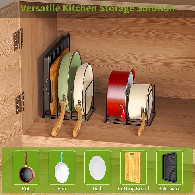 LAEMYFYRE Pan and Pot Organizer Rack, Cutting Board Organizer for Cookie Sheet,Frying Pan inside Cabinet,Baking Pan, Tray Organizer for Kitchen Storage - Total 5 Compartments(2 Pcs)