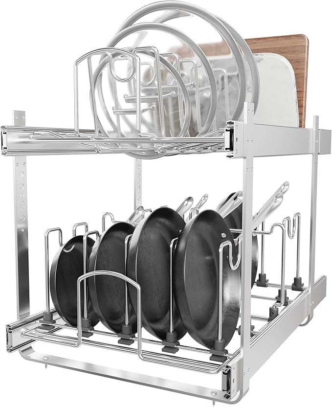 STORKING 2-Tier Kitchen Pull out Cabinet Organizer for Pots, Pans, and Lid Cookware, Adjustable Heavy Duty Wire Pan and Pot Rack, Full-Extension Rail 15" W *22" D