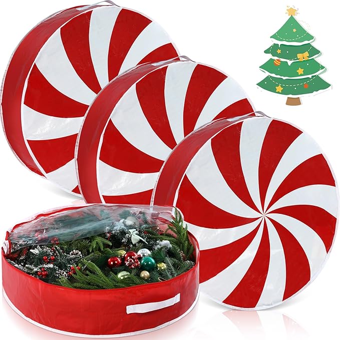 4 Pcs 30 Inch Christmas Wreath Storage Bag Candy Cane Wreath Storage Container Clear Window Dual Zipper Handle Red White Peppermint Garland Organizer for Holiday Decoration, Cute Lollipop