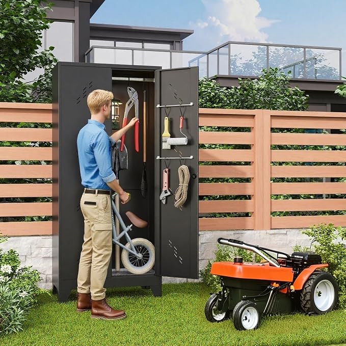 Garage Storage Cabinet 75" H,Tall Storage Shed with Lockable Doors and Stainless Steel Bottom, Black Tools Utility Chests for Office, Garage, Warehouses