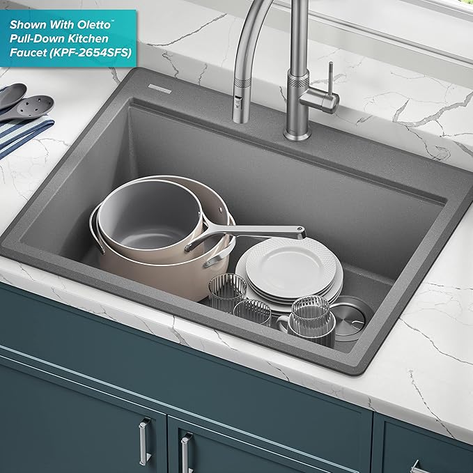 KRAUS Bellucci 28-inch Granite Workstation Drop In Top Mount Single Bowl Kitchen Sink in Metallic Grey with Accessories, KGTW12-28MGR