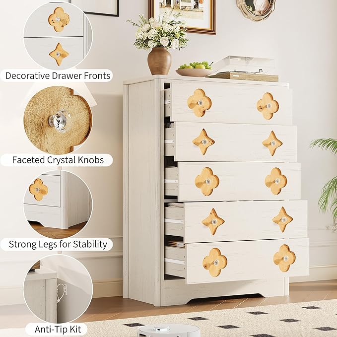 Garvee Dresser for Bedroom with 5 Drawers, 45'' Tall Chest of Large Decorative Drawer Front with Large Clothes Storage Cabinet, Wood Bedroom Dresser, TV Stand for Nursery, Living Room, Enterway