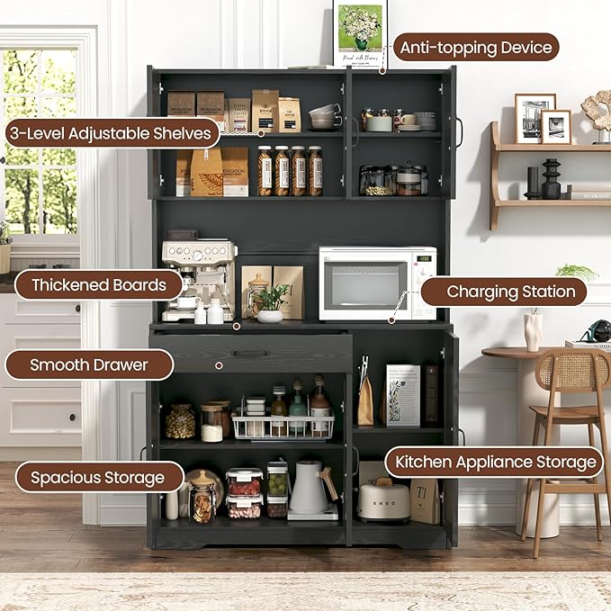 71" Pantry Cabinet with Charging Station, Large Capacity Kitchen Hutch Storage Cabinet, Kitchen Cabinet with Microwave Stand, Storage Drawers & Adjustable Shelves for Dining Room, Black