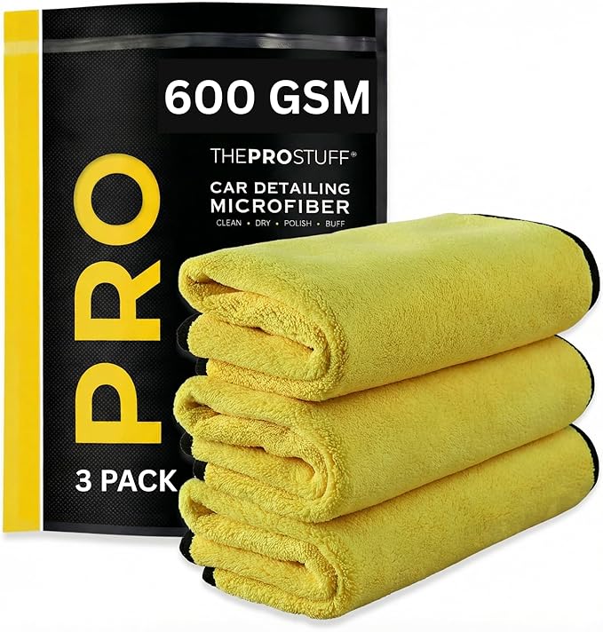 The Pro Stuff® Car Detailing Microfiber Towels - 600 GSM Thick Plush Auto Towels | Super Soft Dual-Sided for Cleaning, Washing, Buffing | Tagless, Scratch-Free, Lint Free Cloth (16"x16") | 3 Pack