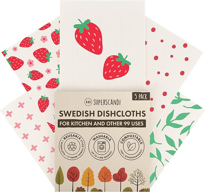 SUPERSCANDI Swedish Dishcloths With 100% Recycled Bioplastic Hanger, Reusable Paper Towels Washable 100 Times, Biodegradable, Super Absorbent Cleaning Cloth Dish Towel For Kitchen, 5-Pack Strawberries