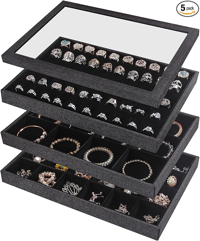 Julysky 4 Pcs/set Stackable Jewelry Organizer Trays with Glass Lid,100 Slots Ring Holder,Bracelet Displays Stand for Selling Necklace Earring Rack