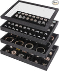 Julysky 4 Pcs/set Stackable Jewelry Organizer Trays with Glass Lid,100 Slots Ring Holder,Bracelet Displays Stand for Selling Necklace Earring Rack