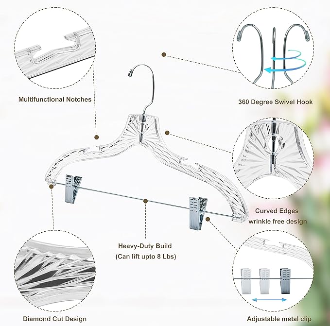 Quality Clear Plastic Skirt Hangers - 100 Pack Crystal Cut for Skirt, Pant, Dress, Suit, Coat Hangers Heavy Duty & Nonslip Design Adjustable Clips, Swivel Hook, 17" inch (100, Crystal Skirt)