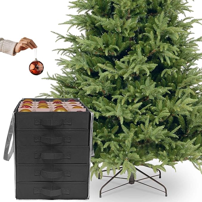 ProPik Christmas Ornament Storage Boxes with Dividers - 5 Separate Trays - Ornament Holder - Keeps 100 Holiday Ornaments - Durable Carrying Bag Handles Organizer Storage Box (Black)