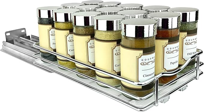 LYNK PROFESSIONAL® Pull Out Spice Rack Organizer for Inside Kitchen Cabinets - 6-3/8 inch Wide - Slide Out Drawer – Chrome Sliding Spice Cabinet Organization Shelf Racks - 1 Tier
