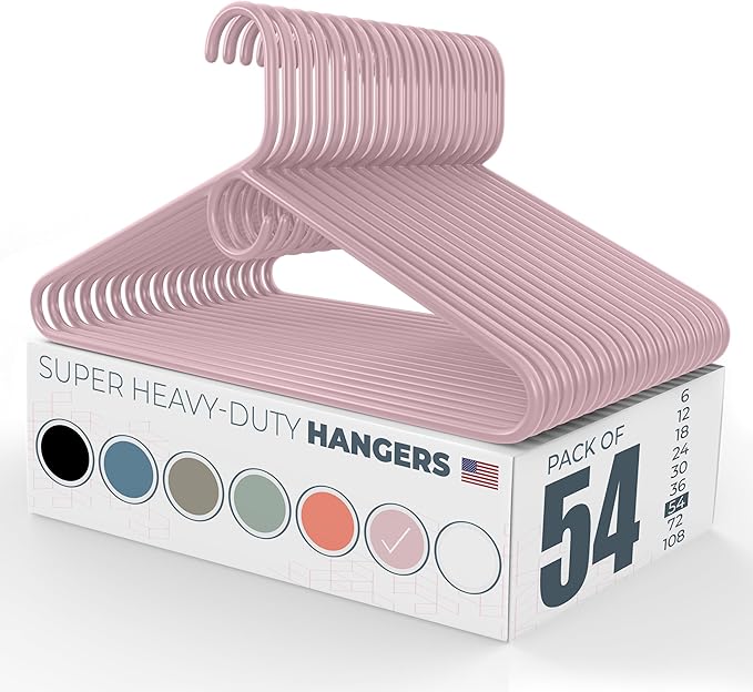 Neaties Super Heavy Duty Clothes Hangers 50 Pack (54 Count) – Made in The USA - 10lb Capacity, Thick Plastic Hangers for Pants, Coats, Jackets, Jeans and Adult Clothing – Pink