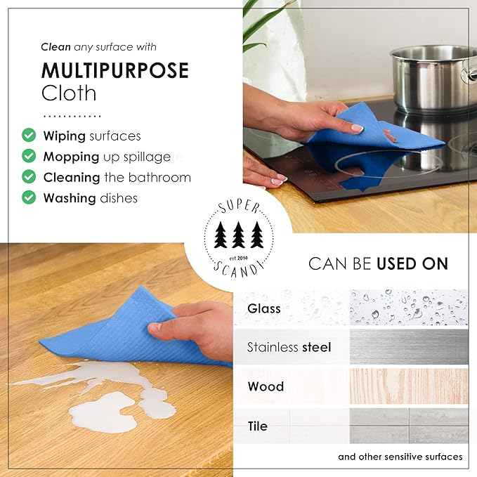SUPERSCANDI 10 Pack Swedish Dishcloths for Kitchen - 100% Biodegradable & Compostable Reusable Paper Towels Washable, Food-Safe & Without Plastic - Dish Rags Suitable for Any Surface, Blue.