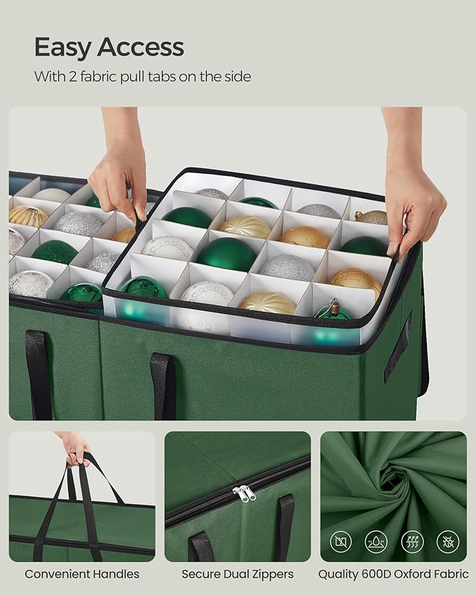 SONGMICS Christmas Ornament Storage Box, Dual Zippers, Stackable Christmas Storage Container with Lid, 8 Trays, 600D Oxford, 3-Inch 128 Slots, Forest Green URFB035C01