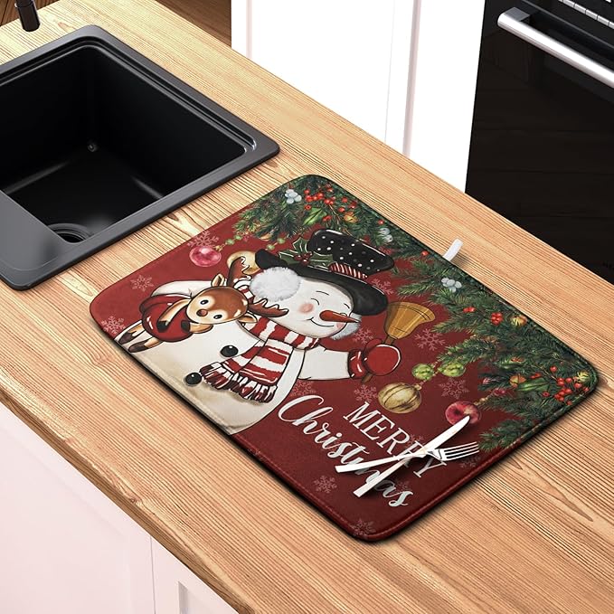 Kwlegh Christmas Dish Drying Mats for Kitchen Counter 16x18 Cute Snowman Red Dish Drying Pad for Dishes Winter Xmas Holiday Dish Draining Mat Absorbent Microfiber Dish Drainer Rack Mats