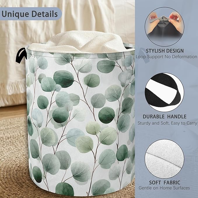 Eucalyptus Leaves Laundry Basket,Foldable Oxford Cloth Tote Bag Laundry Hamper Clothes Storage Bucket Organizer for Bedroom Laundry Storage Dormitories 16" x 20.8"