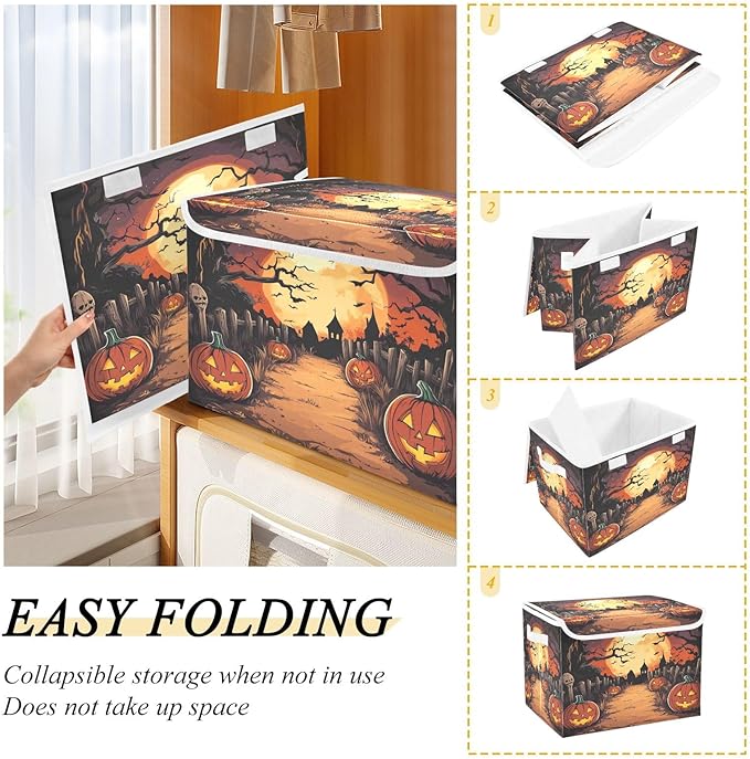 Bolaz Storage Bins with Lids and Handles,Halloween Night Pumpkin Skull Storage Box Storage Basket with Cover Collapsible Organizer Containers for Home Closet, Shelves