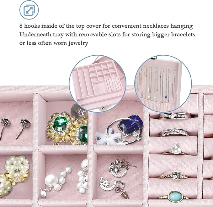ProCase Velvet Jewelry Box Organizer for Women, 2 Layer Jewelry Display Storage Holder Case for Necklace Earrings Bracelets Rings -Pink