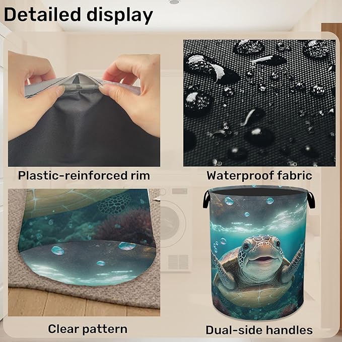 Cute Sea Turtle Foldable Canvas Laundry Basket with Handles - Toy Organizer, Heavy Duty for Home，Bedroom, Dorm, Bathroom