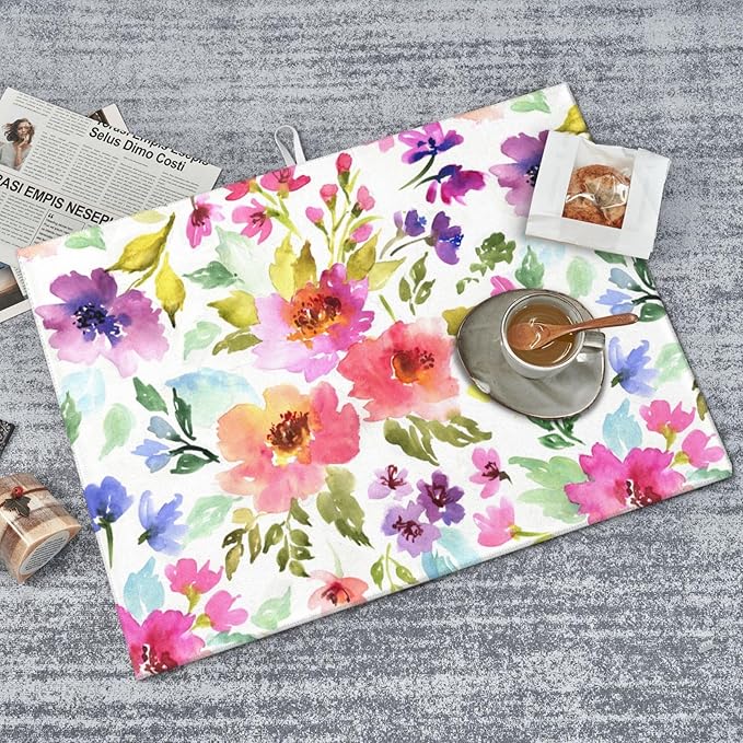 Floral Dish Drying Mats for Kitchen Counter Large Drying Mat for Dishes Microfiber Dish Rack Mat Kitchen Decor Spring Summer Flowers Drainer Pad Washable Ultra Absorbent Dry Mat 18×24 Inch