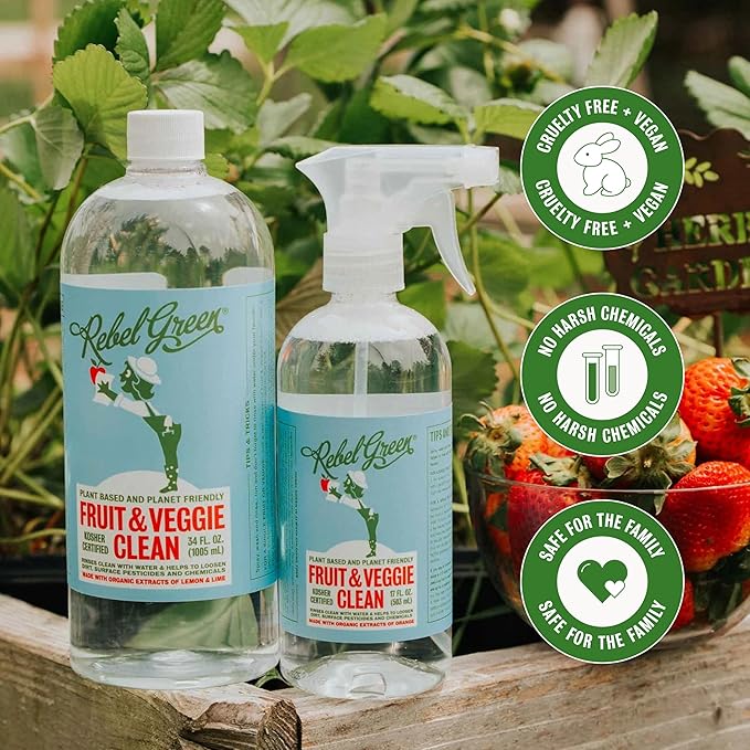 Rebel Green Fruit & Veggie Clean - Plant-Based Produce Cleaner - Natural Fruit & Vegetable Wash with No Aftertaste - Dirt & Wax Removal - 16 Fluid Ounces Bottle & 64 Fluid Ounces Bottle