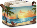 Tropical Palm Tree Storage Basket with Handles,Sunset Beach Collapsible Rectangle Organizer Bin for Room Decoration Books Box Baskets 17x11.5x10Inch