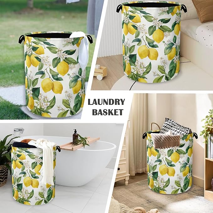 Lemon Laundry Basket,Flower Leaf Foldable Oxford Cloth Tote Bag Laundry Hamper Clothes Storage Bucket Organizer for Bedroom Laundry Storage Dormitories 16" x 20.8"