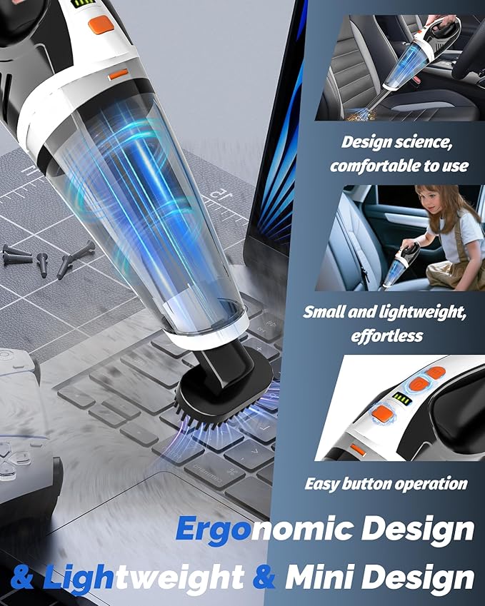 BRL Handheld Vacuum Cordless, Brushless Car Vacuum Cleaner with 12000PA Powerful Suction, 2 Suction Modes Mini Hand Vacuum, Dry & Wet, Portable Vacuum for Car Pet Hair, Home, Office, Keyboards