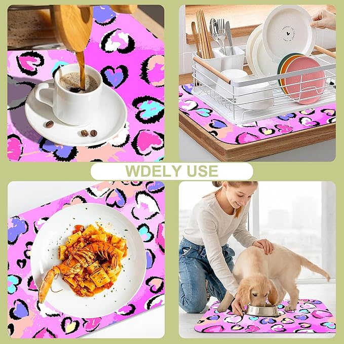 Chaotic Leopard Dish Drying Mat Hearts Element Leopard Kitchen Mat 12"x19" Bsorbent Coffee Maker Mat for Dishes Utensils Coffee Maker Pots and Pans Easy Clean Dish Slip Resistant Pad