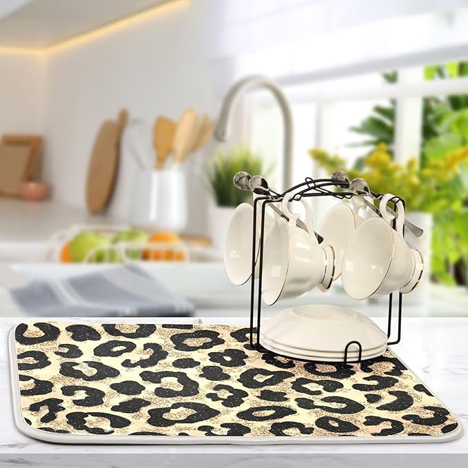 Cheetah Brown Gold Dish Drying Mat for Kitchen Countertop 16x18 Leopard Black Small Drying Mat Reusable Quick Dry Dish Sink Mats Easy Clean Decorative Essentials