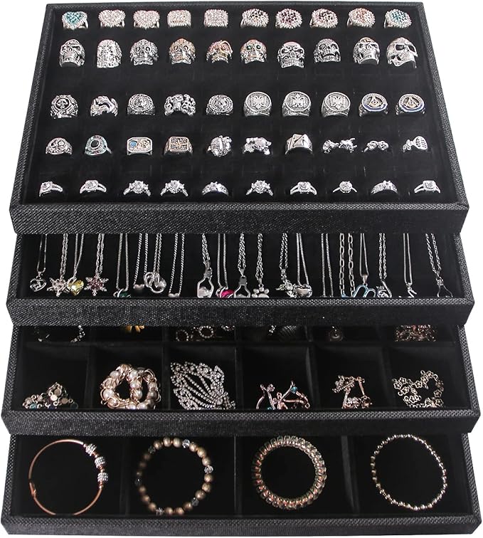 Julysky 4 Pcs/set Stackable Jewelry Organizer Trays for Drawer,100 Slots Ring Tray，Necklace Tray,12 Grid,24 Grid Jewelry Displays for Selling,Black