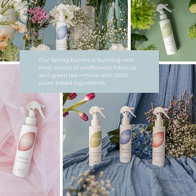 Grow Fragrance Spring 3-Pack – Non-Toxic Air Freshener Spray – Green Tea Matcha, Hibiscus Tea & Wildflower Rain – 100% Plant-Based Essential Oils – Safe for Home, Car & Linens – 5 oz Each