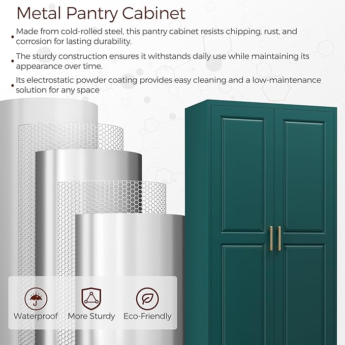 75" Kitchen Pantry Cabinet with Drawer, Metal Storage Cabinets with Doors and Adjustable Shelves, Green Tall Pantry Cabinet for Dinning Living Room, Home