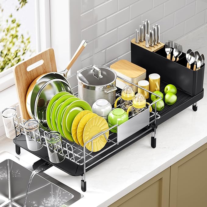 Urackify Large Dish Drying Rack - 304 Stainless Steel Dish Rack for Kitchen Counter, Extendable Dish Drainers with Cutlery & Cup Holders, Black