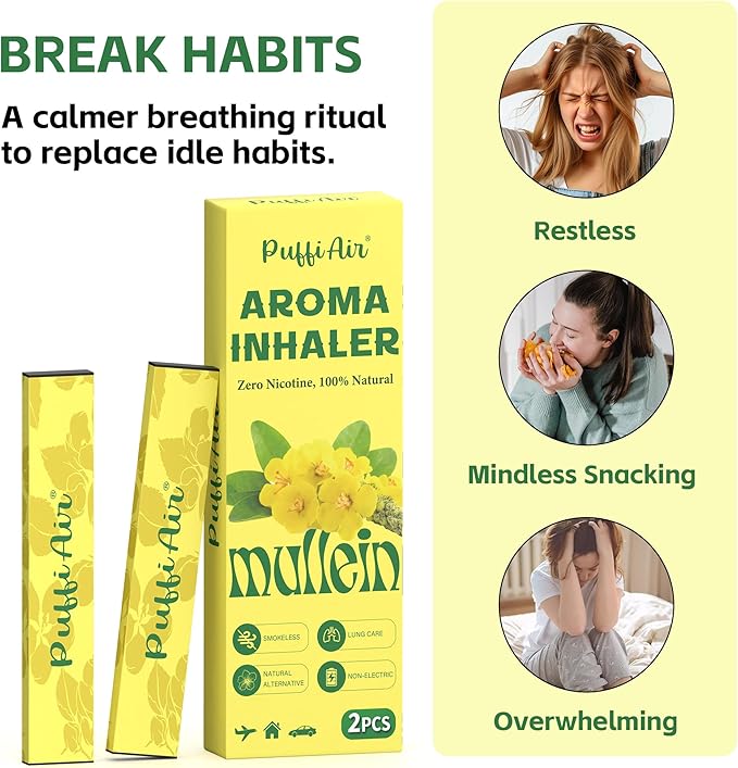 PUFFIAIR Mullein & Peppermint Herbal Air Set | Nicotine-Free Smokeless Non-Electric Vaporless, Usable Anywhere – Reduce Cravings & Fatigue, Lung Comfort & Breathing Support，4 Pack