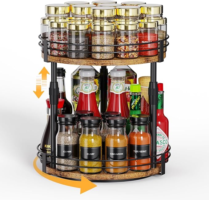 Across-Star Lazy-Susan-Organizer-Spice-Rack, 2-Tier Rotating Spice Organizer For Kitchen-Cabinet-Countertop-Pantry, Turntable Seasoning Holder Storage Shelf With Adjustable Height