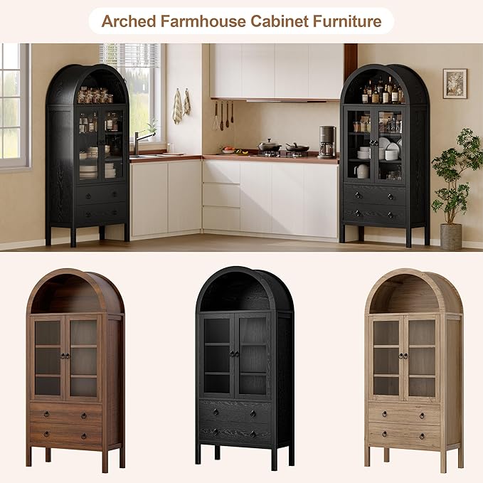 71'' Tall Arched Cabinet, Arched Kitchen Pantry Cabinet with Doors, Wood Arch Storage Cabinets Bookcase with 2 Large Drawers and Adjustable Shelves, Versatile Cupboard for Living Room, Black