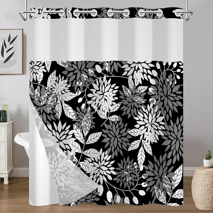 TQUQOBU Black and White Leaves No Hook Shower Curtain and Liner Set, Hotel Luxury Double Layers Waterproof Fabric Shower Curtain, Modern Vintage Boho Botanical Bathroom Curtains, 71x74 Inch