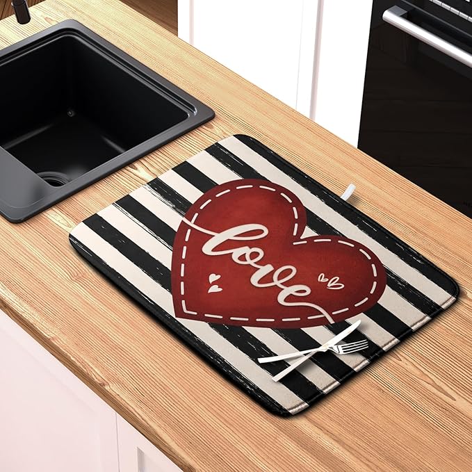 Kwlegh Valentine's Day Dish Drying Mat for Kitchen Counter 18x24 Black White Stripes Red Love Heart Dishes Drainer Mats Absorbent Dish Pad Large Dish Draining Mat for Coffee Bar