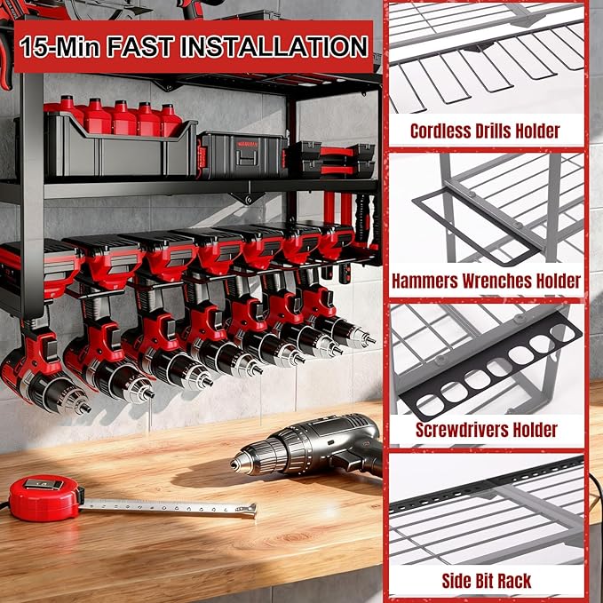 CRELYSTER Power Tool Organizer Wall Mount, 150Lbs 3 Layer Metal Tool Storage Rack with 7 Cordless Drill Holder Heavy Duty, Battery Drills Storage Tool Organizer for Workshop,Garage,Tool Room,Pegboard