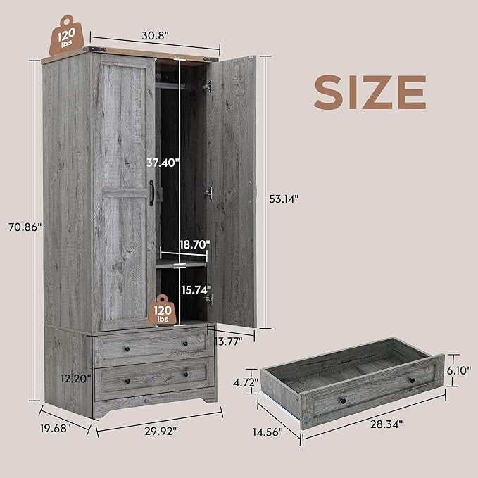 Brafab Armoire Wardrobe Closet with 2 Modern Doors, 71" Tall Freestanding Closet Wardrobe Cabinet with Drawers and Hanging Rail, Light Wooden Storage Cabinet with Shelve for Bedroom (Grey, 4 Doors)