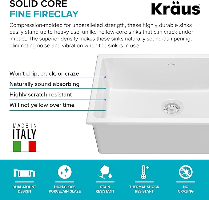 KRAUS Turino™ 30” Drop-In Undermount Fireclay Single Bowl Kitchen Sink with Thick Mounting Deck in Gloss White, KFD1-30GWH